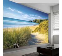 Wallpaper Mural Natural Scenery Art Poster Backdrop for Living Room Bedroom Garden Wall Decor Blue Sky Ocean Beach Green Grass Backdrop Aesthetic Mural for Bedroom - 300 x 210 cm