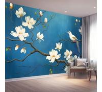 Wallpaper Mural Oriental Ink Painting Blue Magnolia White Bird Non-Woven Art Print Wall Mural Decor Poster Picture Design Modern Living Room Kitchen Dining Room Bedroom 350 X 256 Cm
