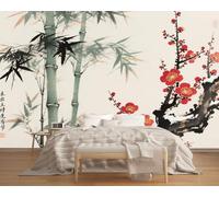 Wallpaper Mural Plum Blossoms and Bamboo 200x150cm,Modern Painting Photo Wallpaper Silk Cloth Wall Art for TV Background Bedroom Office