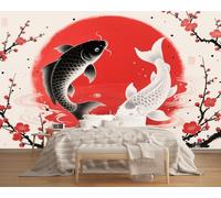Wallpaper Mural Red Plum Koi Fish 366x254cm,Chinese Style Photo Wallpaper Silk Cloth Wall Art for TV Background Bedroom Office