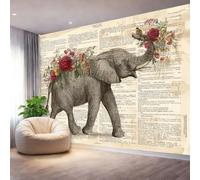 Wallpaper Mural Retro Elephant Book Page Pattern Poster Photo Wallpaper - 200 x 140 cm 3D Effect Non-Woven Wall Mural Decoration for Bedroom Living Room Kids Room and Corridor, Light Brown