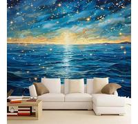 Wallpaper Mural Seascape with Stars 300x240cm,Modern Abstract Painting Photo Wallpaper Silk Cloth Wall Art for TV Background Bedroom Office