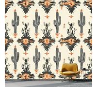 Wallpaper Mural Tribal Style Panoramic Custom Photo Wallpaper Mural 99" x 69"/250 x 175 cm(WxH) Cactus Pattern Decor for Living Room Bedroom and Kids Room Easy to Install, Cream