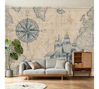 Wallpaper Mural Vintage Rustic Classic Photo Wallpaper Map Compass Sailing Ship Wall Mural Non-Woven Premium Art Print Decoration Poster Picture for Living Room Bedroom, 250 x 175 cm