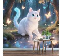 Wallpaper Mural White Cat and Butterfly in The Forest 274x203cm,Cartoon Landscape Photo Wallpaper Silk Cloth Wall Art for TV Background Bedroom Office