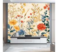 Wallpaper Mural Wildflower Pattern Panoramic Custom Photo Wallpaper Mural 350 x 256 cm Retro Watercolor Style Decor for Living Room Bedroom and Kids Room Easy to Install, Red Yellow