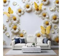 Wallpaper Mural Yellow Butterfly Photo Wallpaper 500x350cm | Wall Mural Non-Woven Art Print Decoration, White Daisies Poster Picture for Living Room Kids Bedroom TV Backdrop
