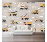 Wallpaper Murals 350 x 256 cm Wall Mural Poster Picture Design Cartoon Clouds Construction Truck Rainbow Theme, Non-Woven Wallpaper for Bedroom Living Room Office Nursery Home Decor, Gray Yellow