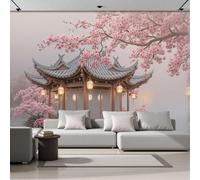 Wallpaper Murals 400 x 280cm Cherry Blossoms Pavilion Traditional Architecture 3D Silk Wall Mural for Bedroom Living Room Walls Decor, Pink Brown TV Background Sofa Wall Sticker (Not self-Adhesive)
