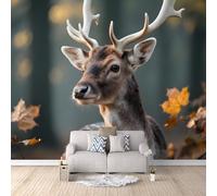 Wallpaper Murals Deer Photo Wallpaper Non-Woven 3D Wall Mural Golden Maple Leaves in Autumn Forests Decoration Poster for Bedroom Living Room TV Backdrop Wall Mural 450 × 315 cm (W x H)