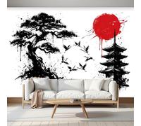 Wallpaper Murals Japanese Ink Painting Landscape 250x175cm | 3D Art Photo Wallpaper, Pine Tree Pagoda Red Sun Wall Mural Giant Poster, Modern Living Room Bedroom Kids Room Backdrop DecorBlack And Red