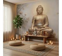 Wallpaper Murals Minimalist Zen 450x315cm | 3D Art Photo Wallpaper, Buddha Statue, Tree Branches, Lotus Flowers Print Wall Mural Giant Poster, Modern Living Room Bedroom Kids Room Backdrop DecorBeige