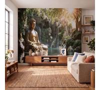 Wallpaper Murals Natural Scenery 200x140cm | 3D Art Photo Wallpaper, Buddha Statue Waterfall Pool Print Wall Mural Giant Poster, Modern Living Room Bedroom Kids Room Backdrop DecorCopper Gold