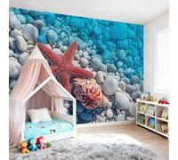 Wallpaper Murals Starfish and Conch Shells, Modern Style Non-Woven Wallpaper Blue Red Wall Paper Roll for Living Room Bedroom Adults Teenager - Feature Wall Home Decoration 250 x 175 cm(WxH)