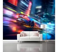 Wallpaper Murals Surrealism Street Sports Car Pattern Art Photo Wallpaper, 300 x 210 cm Modern Poster Mural for Living Room Bedroom Kids Room Decoration, Blue Print Wall Decor
