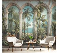 Wallpaper Murals Tropical Plant Landscape 157"X110" Art Emerald Green Photo Wallpaper, Retro Architecture Print Wall Mural Giant Poster, Modern Living Room Bedroom Kids Room Backdrop Wall Decor
