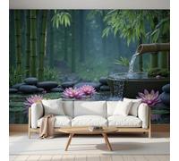 Wallpaper Murals Zen-Inspired Garden Water Features 200x140cm | 3D Art Photo Wallpaper, Lotus Flowers, Flowing Water, Bamboo Forest Wall Mural Giant Poster, Modern Living Room Bedroom DecorDark Green