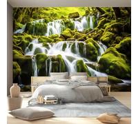 Wallpaper Natural Scenery Print Wall Mural 3D Photo Removable Peel and Stick Self-Adhesive 200 x 140 cm, Silk Fabric for Living Room Bedroom Nursery Home Decoration - Green Waterfall Mossy Stones