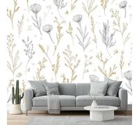 Wallpaper Painted Wildflowers Lines Plants Photo Mural Murals Wall Art Modern Wallpaper Gold Gray Non-Woven Murals 350 x 256 cm (W x H) for Living Room Bedroom Restaurant Wall Decoration