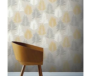 Wallpaper Palm Leaf Ochre Grey Arthouse Linen White Metallic Tropical Design