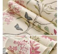 Wallpaper Pastoral Flower and Bird Pattern Non-Woven Wallpaper Bedroom Living Room Background Wall Non-Self-Adhesive Wallpaper Beige