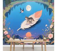 Wallpaper Peel and Stick Wolf Feather Bird Moon Waterproof Mural Lake Flowers Natural Landscape Decor Paintings for Nursery Wall Décor Girls Kids Bedroom Living Room Bathroom Home Decor 826x589cm