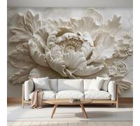 Wallpaper Peony Flowers Scrolling Leaves 200x140cm Wall Mural Photo Wallpaper, Silk Classic Relief Floral Pattern Wall Mural Decoration Poster, For TV Backdrop Study Room Tea Room, Off-White