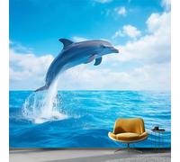 Wallpaper Photo Blue Sky Sea Dolphin Photography for Living Room Bedroom Decor, Blue Non-Woven Art Wallpaper for Children's Room Hallway Lounge, Giant Mural 350 x 256 cm