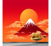 Wallpaper Photo Cartoon Japanese Illustration Mount Fuji for Living Room Bedroom Decor, Red Non-Woven Art Wallpaper for Children's Room Hallway Lounge, Giant Mural 250 x 175 cm