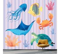 Wallpaper Photo Cute Marine Life Striped Background for Living Room Bedroom Decor, Purple Non-Woven Art Wallpaper for Children's Room Hallway Lounge, Giant Mural 300 x 210 cm