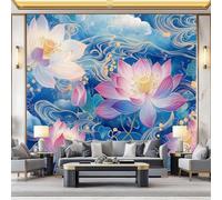 Wallpaper Photo Elegance Floral Lotus for Living Room Bedroom Decor, Blue Non-Woven Art Wallpaper for Children's Room Hallway Lounge, Giant Mural 350 x 256 cm