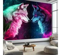 Wallpaper Photo Fantasy Two Wolves Starry Sky Art Prin Non-Woven Eco-Friendly 300x210 cm Wall Mural Poster Photo Wallpaper for Dining Room Kitchen Home Decoration, Dark Purple