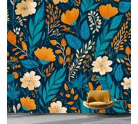 Wallpaper Photo Flowers Leaves Folk Art for Living Room Bedroom Decor, Teal Non-Woven Art Wallpaper for Children's Room Hallway Lounge, Giant Mural 350 x 256 cm