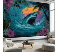 Wallpaper Photo Horror Creepy Shark 300 x 210 cm Murals Large TV Background Wall Art - Cyan Mural Decoration for Living Room Bedroom Luxury Art Poster Wall Covering