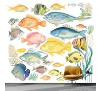Wallpaper Photo Marine Life Fish Collage for Living Room Bedroom Decor, White Non-Woven Art Wallpaper for Children's Room Hallway Lounge, Giant Mural 350 x 256 cm
