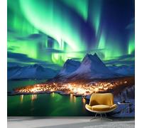 Wallpaper Photo Natural Scenery Northern Lights for Living Room Bedroom Decor, Green Non-Woven Art Wallpaper for Children's Room Hallway Lounge, Giant Mural 400 x 280 cm