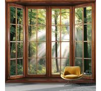 Wallpaper Photo Nature Forest Wooden Frame Window for Living Room Bedroom Decor, Brown Non-Woven Art Wallpaper for Children's Room Hallway Lounge, Giant Mural 200 x 140 cm
