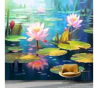 Wallpaper Photo Nature Pond Floral for Living Room Bedroom Decor, Teal Non-Woven Art Wallpaper for Children's Room Hallway Lounge, Giant Mural 250 x 175 cm