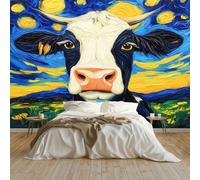 Wallpaper Photo Oil Painting of Animals Cows Starry Sky Art Prin Non-Woven Eco-Friendly 400x280 cm Wall Mural Poster Photo Wallpaper for Dining Room Kitchen Home Decoration, Blue