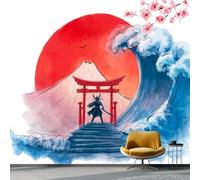 Wallpaper Photo Oriental Torii Gate Japanese Samurai for Living Room Bedroom Decor, Blue Non-Woven Art Wallpaper for Children's Room Hallway Lounge, Giant Mural 250 x 175 cm