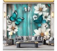 Wallpaper Photo Pastoral Floral Insects for Living Room Bedroom Decor, Teal Non-Woven Art Wallpaper for Children's Room Hallway Lounge, Giant Mural 400 x 280 cm