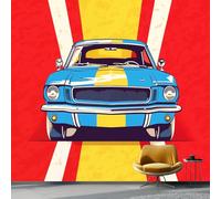 Wallpaper Photo Retro Style Cartoon Racing for Living Room Bedroom Decor, Red Yellow Non-Woven Art Wallpaper for Children's Room Hallway Lounge, Giant Mural 400 x 280 cm