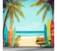 Wallpaper Photo Seaside Vacation Surfboard Palm Trees for Living Room Bedroom Decor, Teal Non-Woven Art Wallpaper for Children's Room Hallway Lounge, Giant Mural 400 x 280 cm