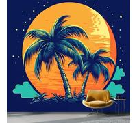 Wallpaper Photo Simple Tropical Plants Starry Night for Living Room Bedroom Decor, Navy Blue Non-Woven Art Wallpaper for Children's Room Hallway Lounge, Giant Mural 150 x 105 cm