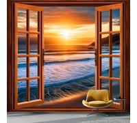 Wallpaper Photo Sunset at The Seaside Window View Design for Living Room Bedroom Decor, Brown Non-Woven Art Wallpaper for Children's Room Hallway Lounge, Giant Mural 150 x 105 cm
