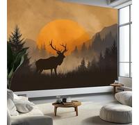 Wallpaper Photo Sunset Mist Forest Deer 300 x 210 cm Murals Large TV Background Wall Art - Yellow Mural Decoration for Living Room Bedroom Luxury Art Poster Wall Covering
