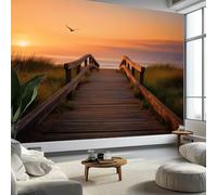 Wallpaper Photo Sunset Wooden Path Beach Landscape 350 x 256 cm Murals Large TV Background Wall Art - Yellow Mural Decoration for Living Room Bedroom Luxury Art Poster Wall Covering