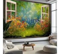 Wallpaper Photo Surreal Flowers 3D Wooden Window 400 x 280 cm Murals Large TV Background Wall Art - Multicolor Mural Decoration for Living Room Bedroom Luxury Art Poster Wall Covering