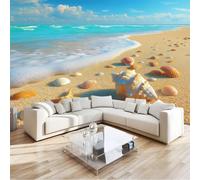 Wallpaper Photo Tropical Beach, Light Blue Non-Woven Wall Mural Sunshine Coast 350 X 256 Cm for Bedroom Living Room Hallway Tv Background Wall Decor - 3D Effect Art Murals