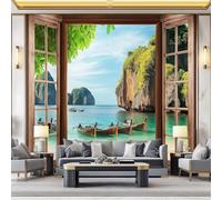 Wallpaper Photo Tropical Scenery Beach Boat for Living Room Bedroom Decor, Blue Non-Woven Art Wallpaper for Children's Room Hallway Lounge, Giant Mural 200 x 140 cm